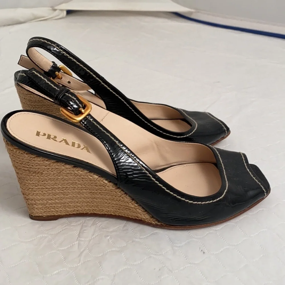 Prada open toe patent leather espadrille wedges